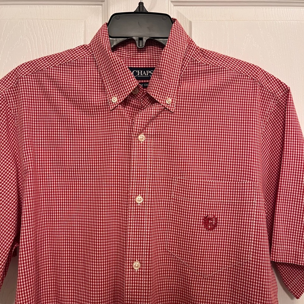 Chaps Mens Red White Gingham Short Sleeve Button Down Shirt Large Tall Easy Care